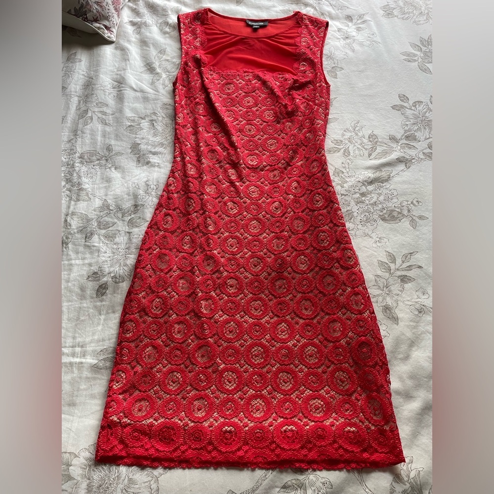 Bebe Red Mesh Square Neck Open Back Mini Dress XS Bodycon Cocktail Evening Party